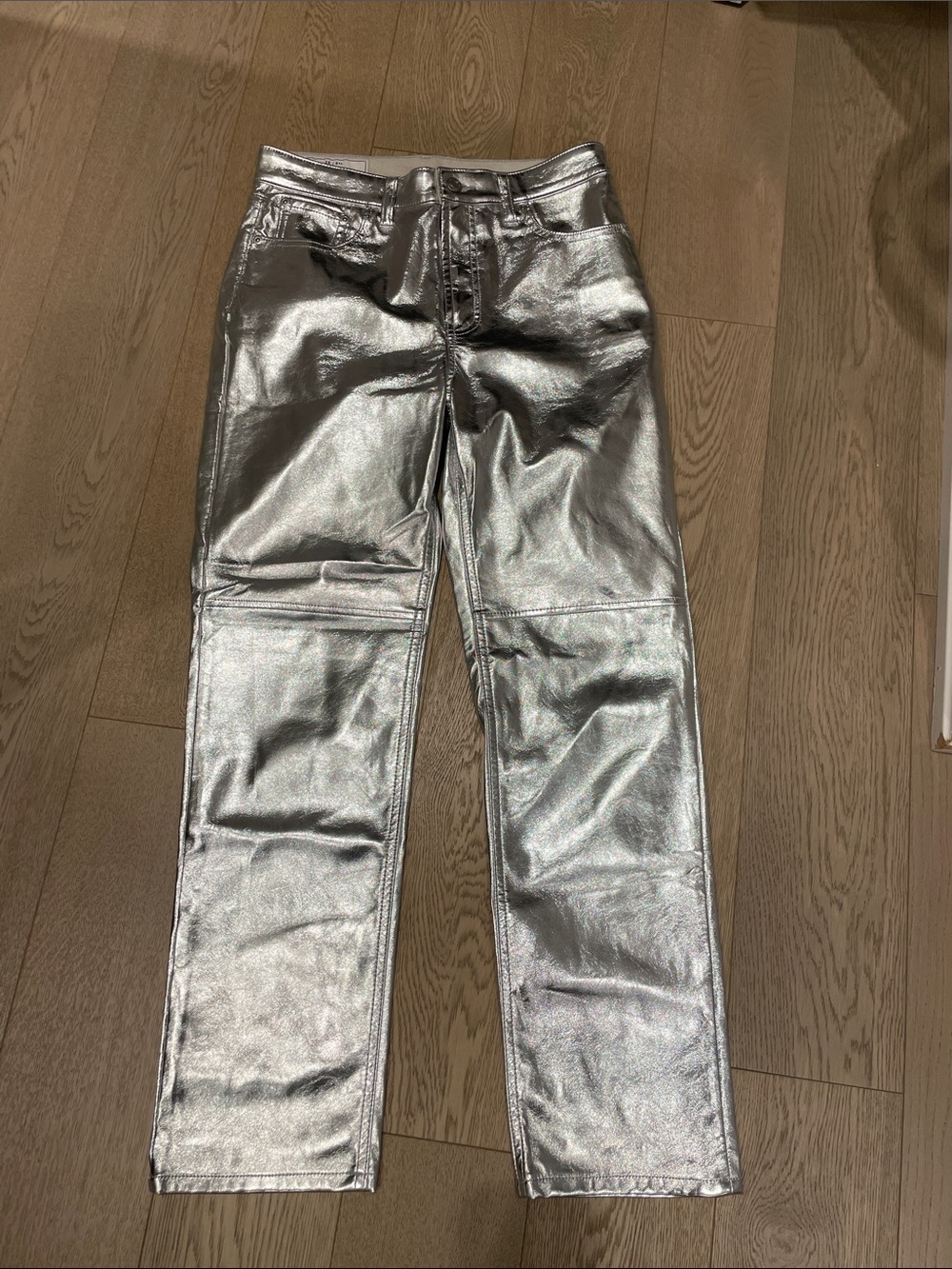Gap Faux Leather Metallic Silver Women's Jeans - Sleek High-Shine Pants Size 28